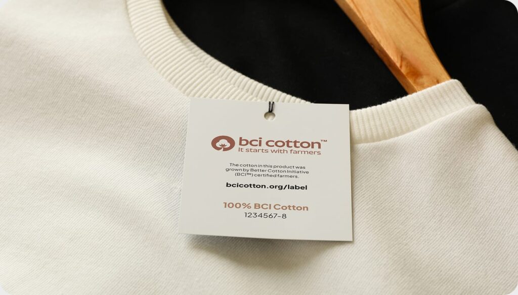 close up of a shirt with a BCI Cotton tag